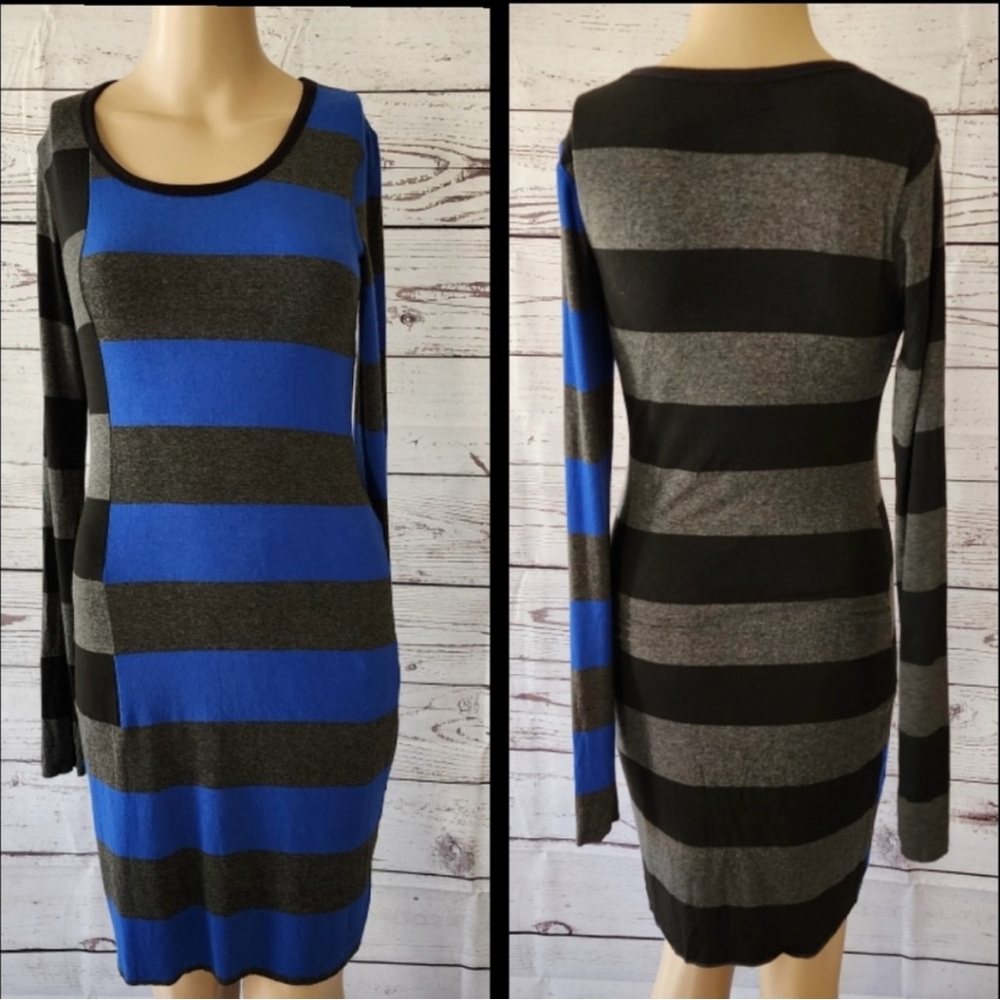 Bailey 44 Gray Blue Black Long Sleeve Striped Dress Medium